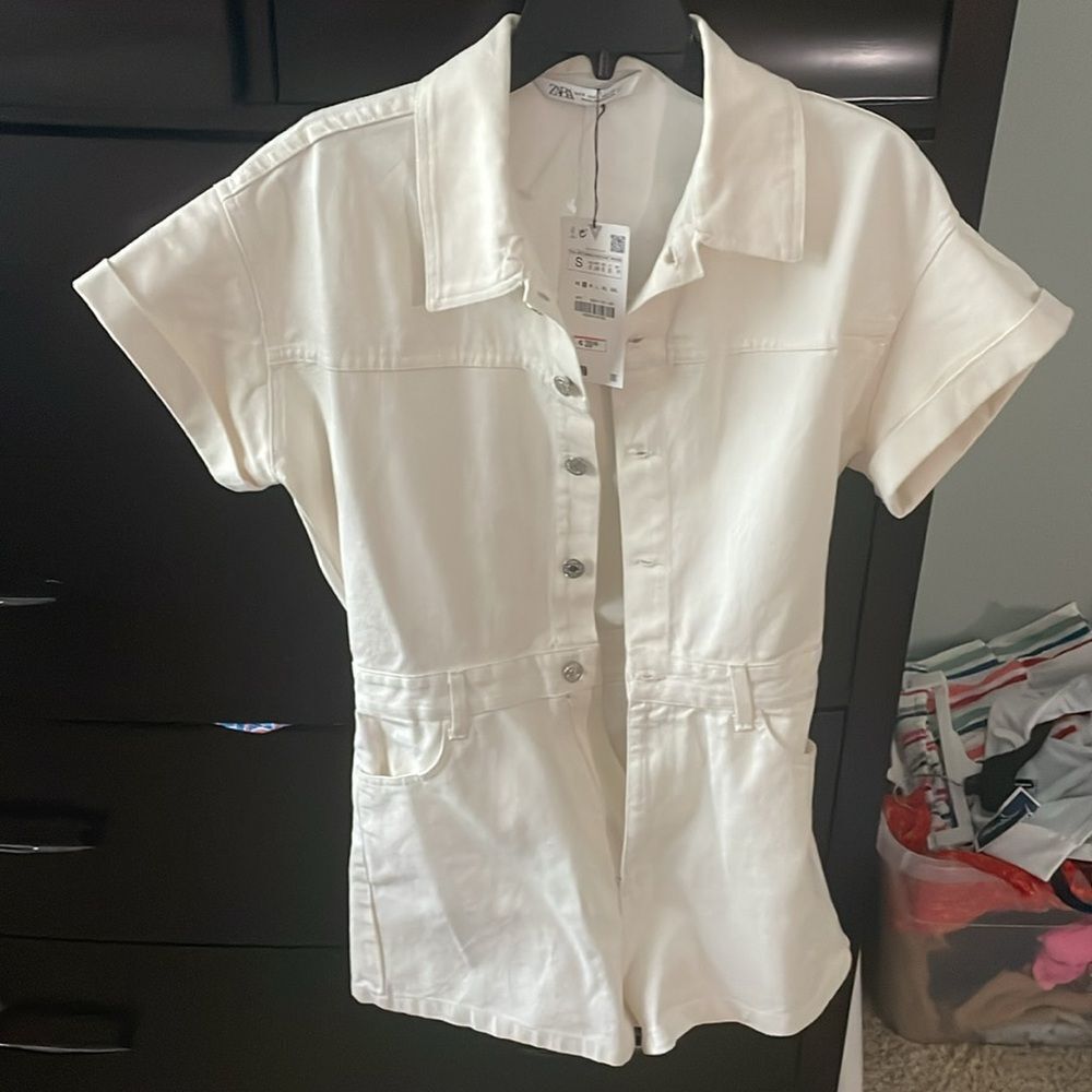 ZARA DENIM TRF SHIMMERY PLAYSUIT Cream size small - Picture 8 of 8